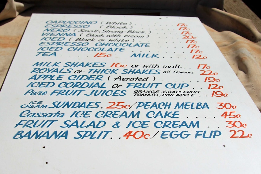 A old cafe menu board, white background with blue writing for menu items and read for the price