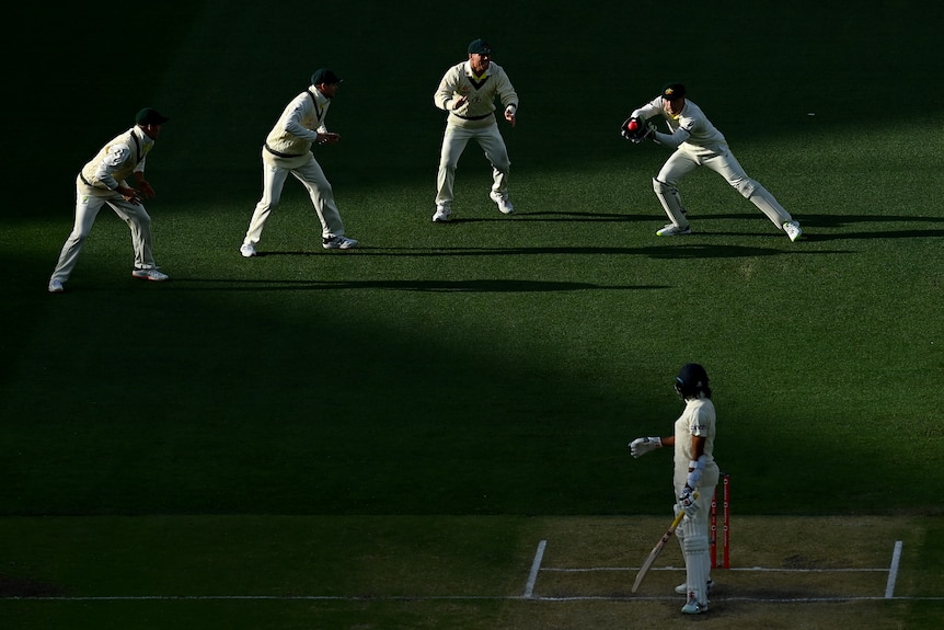 The slips cordon and Haseeb Hameed watch on as Alex Carey takes a catch to his right