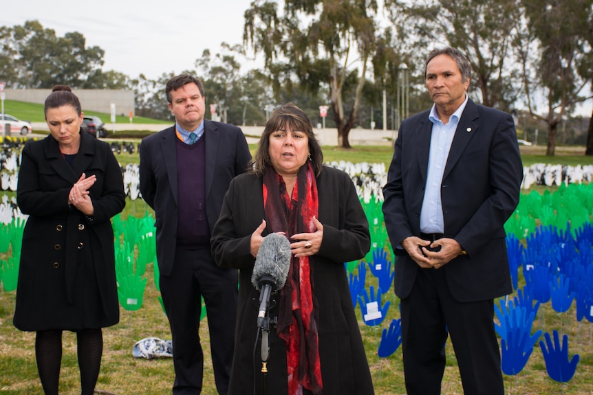 A woman addresses the media outside Parliament House with coloured hands on the ground