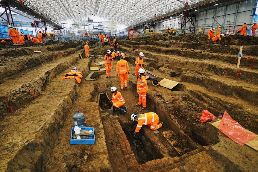 Under a huge marquee dozens of archaeologists are working to exhume skeletons.