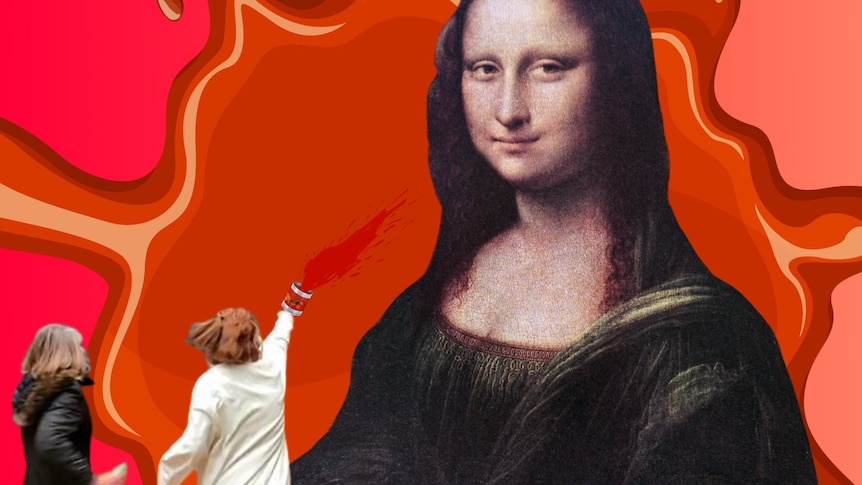 Two women on the left throw a can of red soup or paint at the Mona Lisa, cut out against a red background.