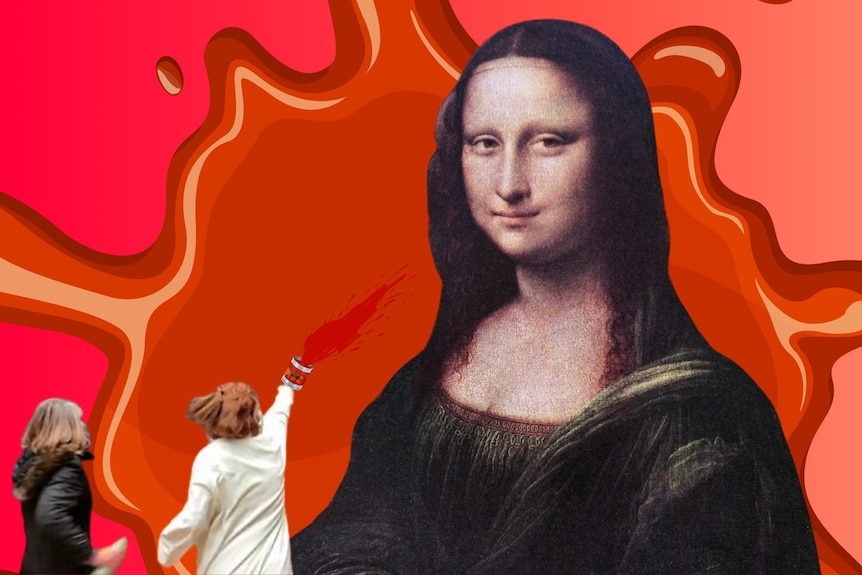 Two women on the left throw a can of red soup or paint at the Mona Lisa, cut out against a red background.