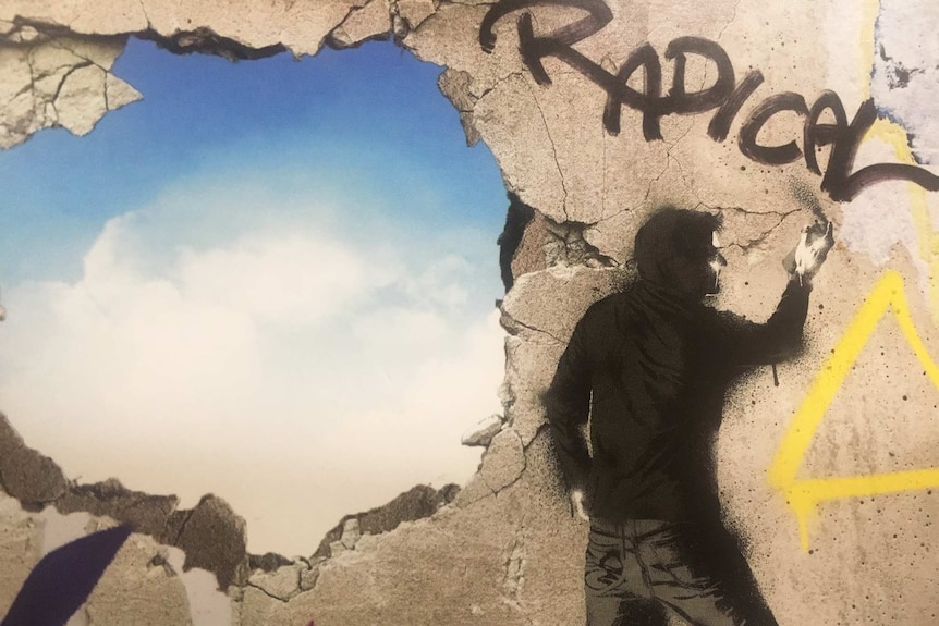 A postcard image of a man spray painting the word radical.