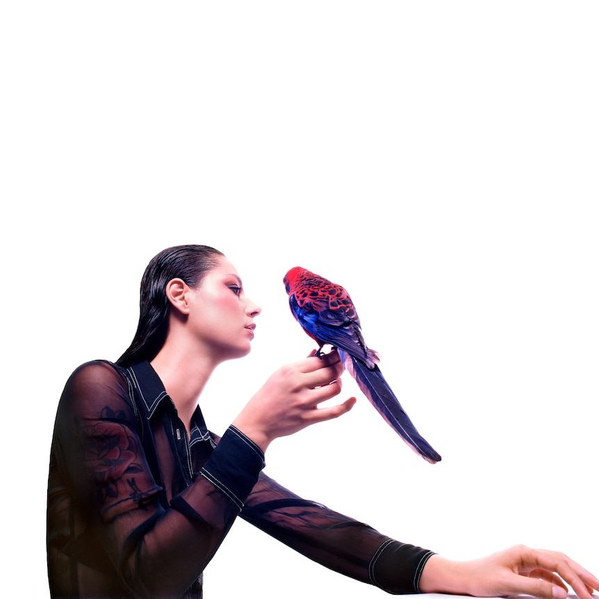 woman with straight black hair wearing black sheer blouse has a bird perched on her hand