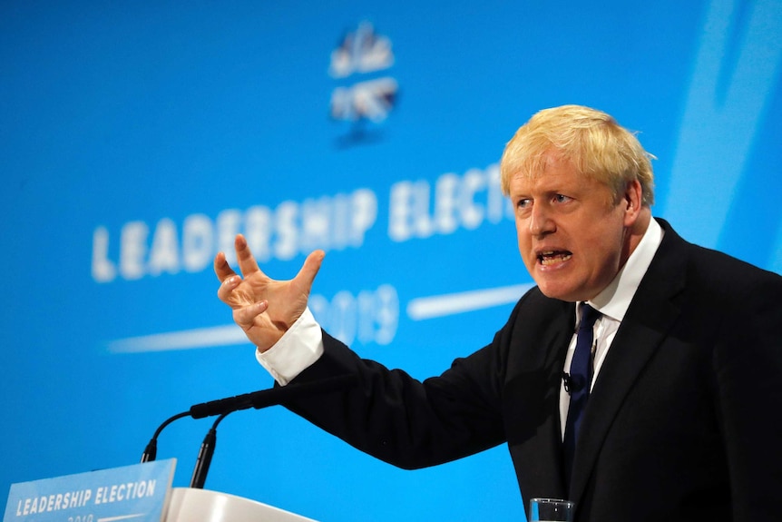 Conservative party leadership candidate Boris Johnson delivers his speech.