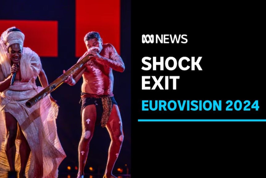 Shock Exit, Eurovision: A singer in an ornate gown sings into a microphone while a man plays a didgeridoo. 