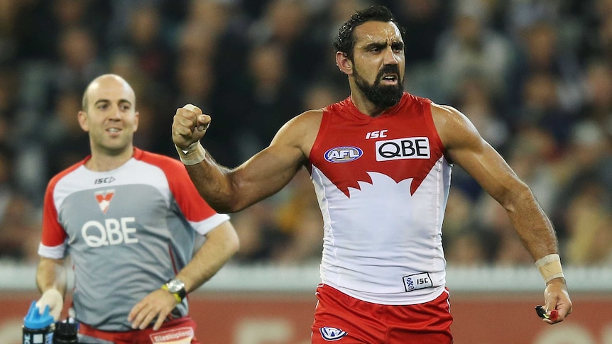 Sydney Swans' Adam Goodes celebrates a goal against Collingwood in May 2013.