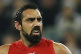 On target ... Adam Goodes celebrates a goal against the Magpies