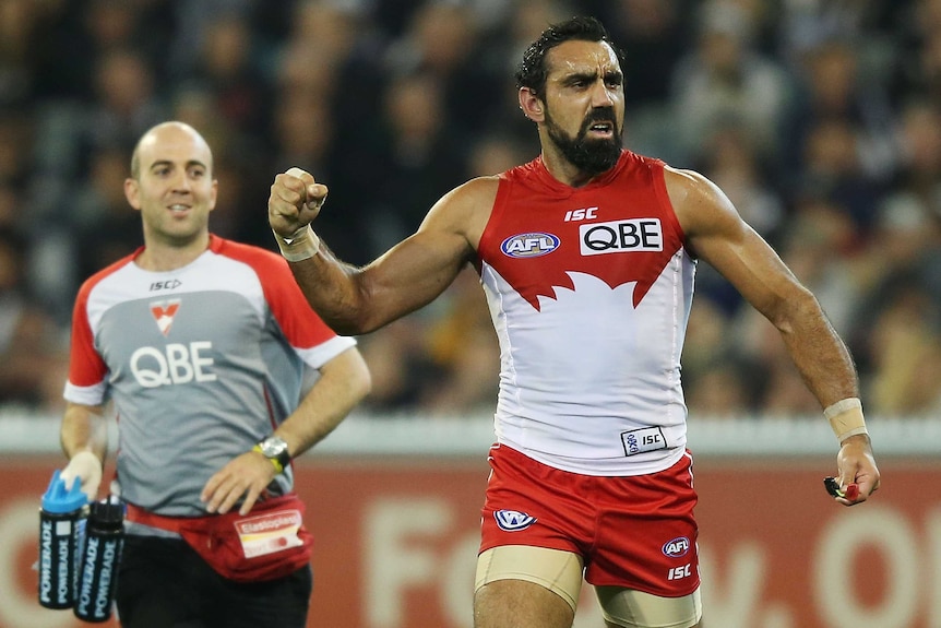 Sydney Swans' Adam Goodes celebrates a goal against Collingwood (Getty Images: Michael Dodge)