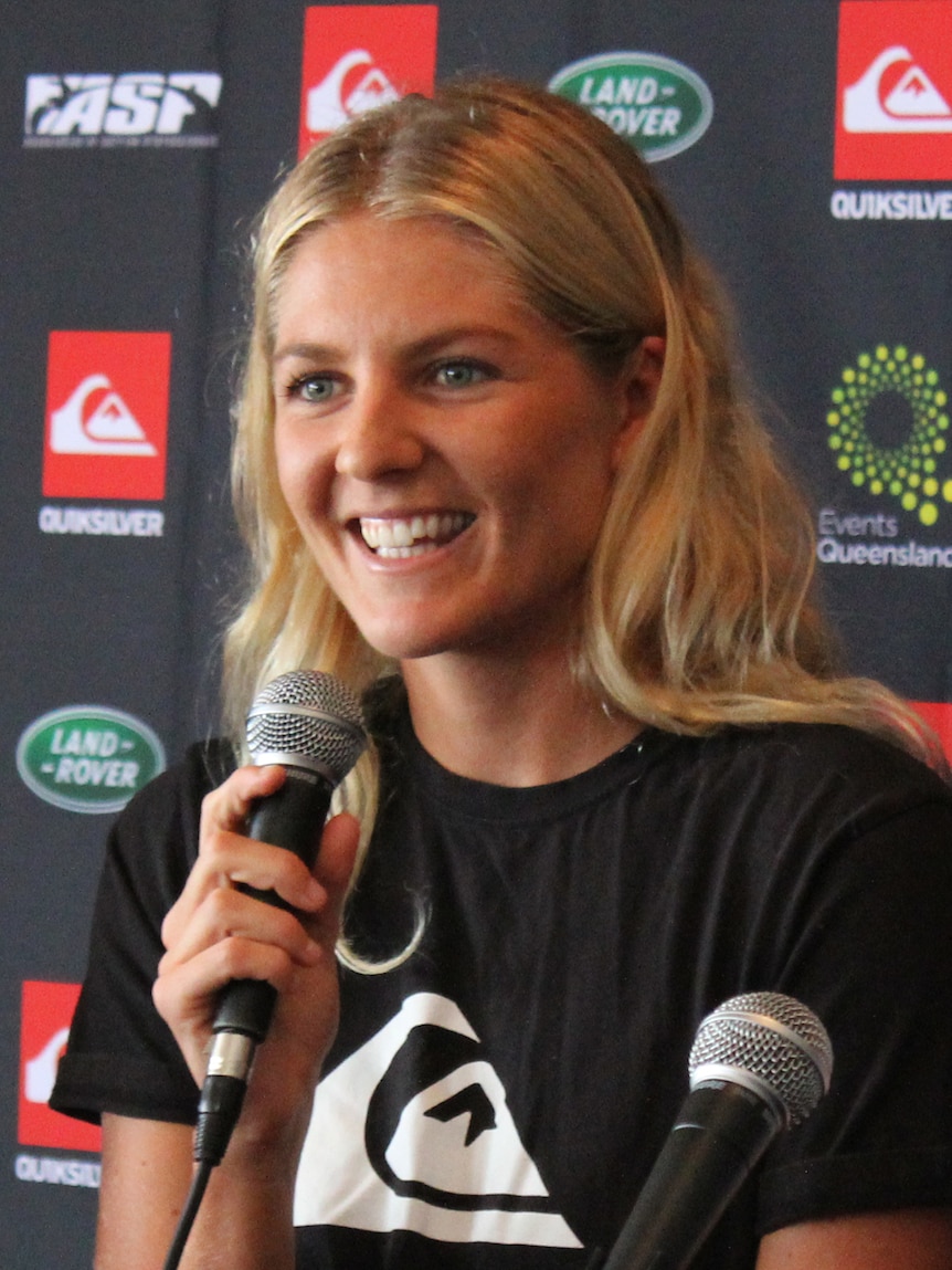 Surfing world champion Stephanie Gilmore speaking at a press conference at the ASP in February 2012.