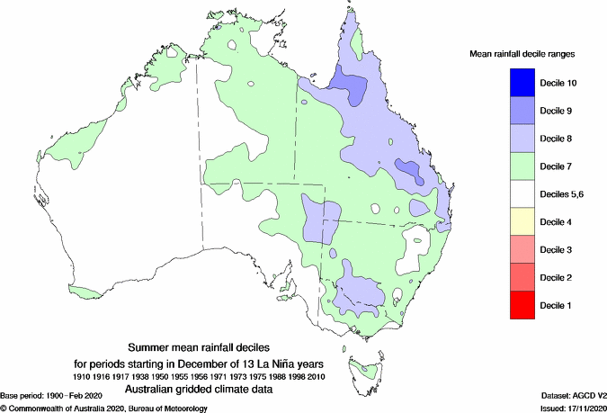 Map of Australia showing green and blue, particularly over QLD