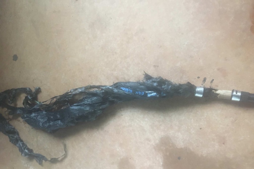 A burnt fishing rod after being struck by lightning