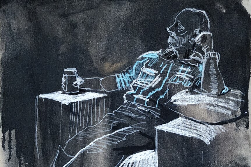 A portrait drawing of a man sitting on a chair with a can in his hand. 
