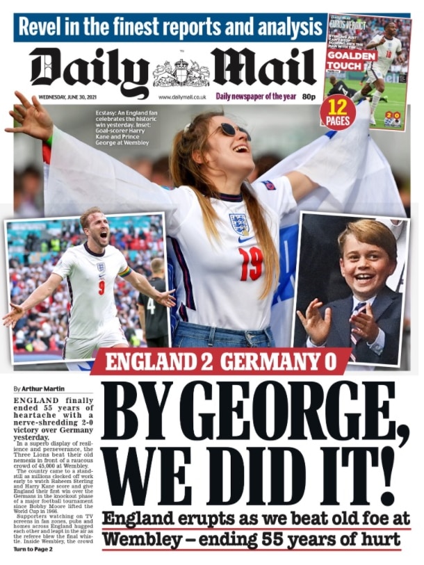 Image of the front page of an English newspaper with the headline 'By George, we did it!'  
