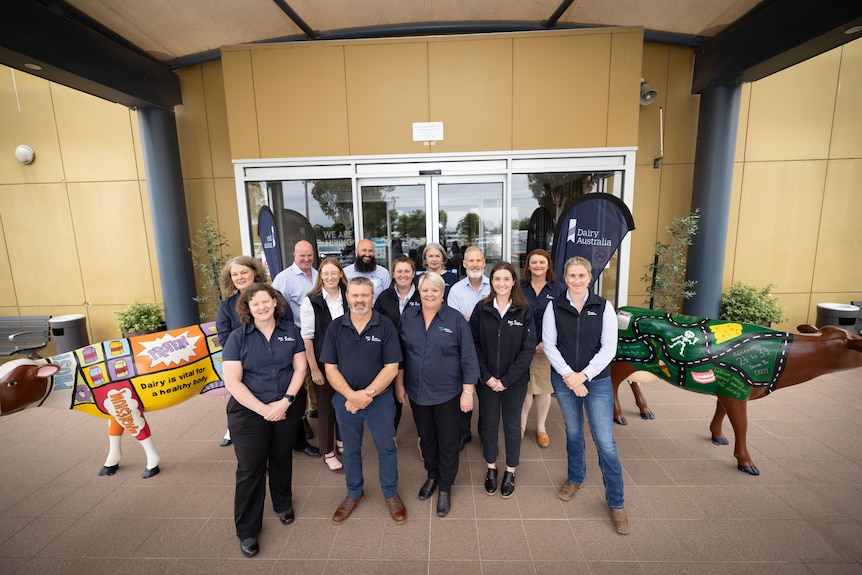 Staff from Dairy Australia's Murray region team stand around a life-size painted cow.