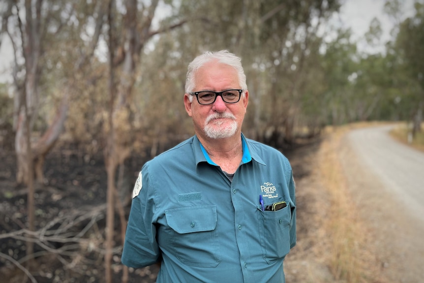 A man stands in front of a bushfire site