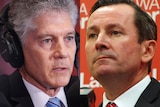 A picture of Stephen Smith wearing headphones in a studio alongside a picture of Mark McGowan in a media conference.