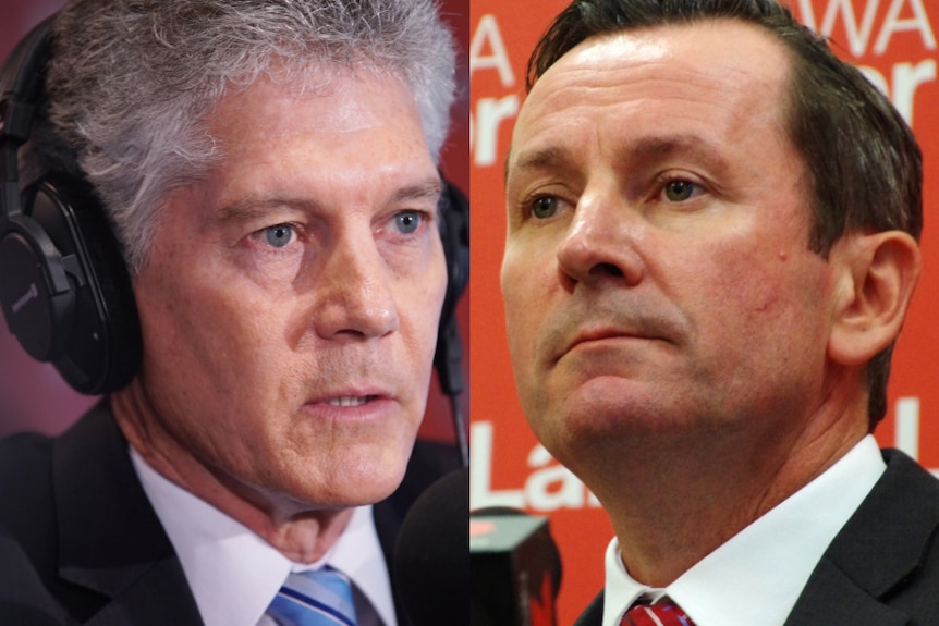 A picture of Stephen Smith wearing headphones in a studio alongside a picture of Mark McGowan in a media conference.