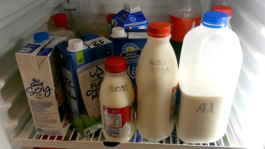 Bottles of milk marked 'boss' and 'also boss' in the office fridge