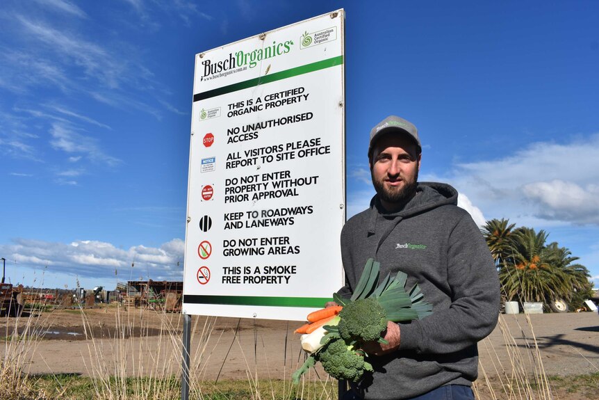 A man in a baseball cap standing in front of his company's sign holding a variety of vegetables.