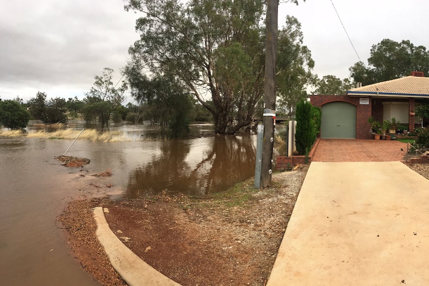 Brown water from an overflowing river creeps up towards the side of a house and a road.