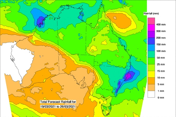 map showing rain in all parts of the country except the southwest.