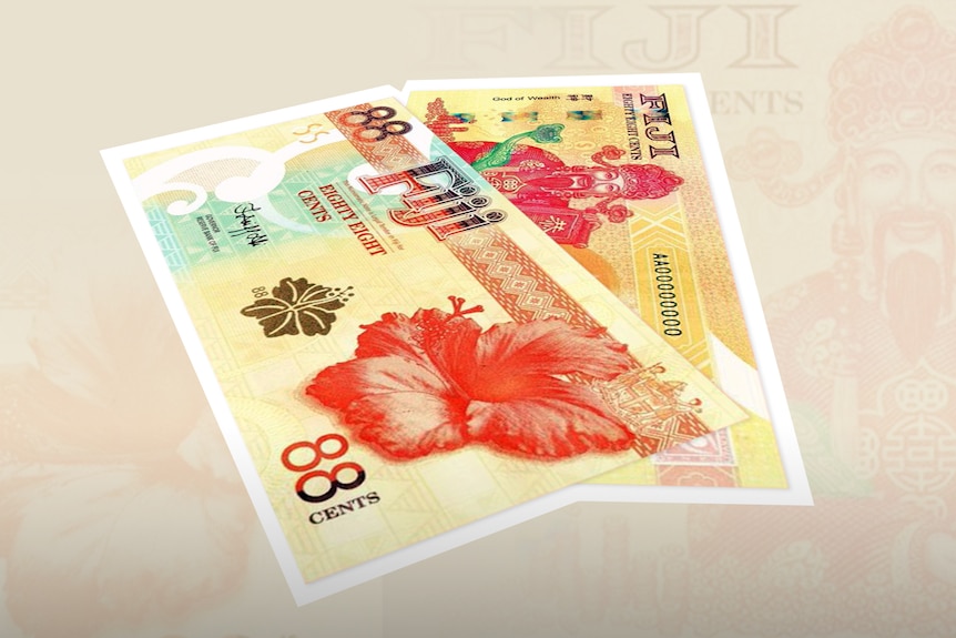 A graphic with two sides of the Fiji banknote layered over each other. 