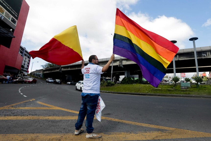 A man is seen waving a rainbow flag and a Citizen Action party flag.