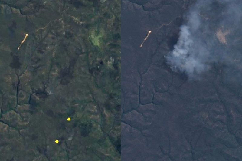 a composite image of satellite images with one showing smoke
