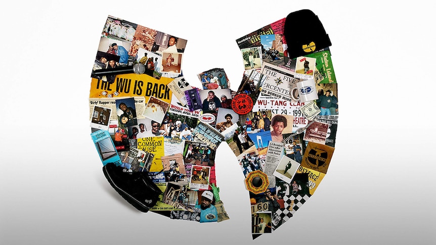 A collage of posters and photographs formed into the shape of a W