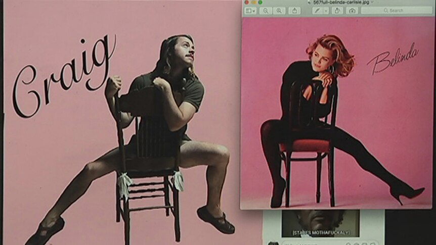 A photo of Craig Campbell on a chair next to an album cover featuring Belinda Carlisle on a chair.