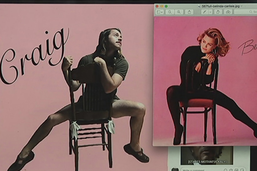 A photo of Craig Campbell on a chair next to an album cover featuring Belinda Carlisle on a chair.