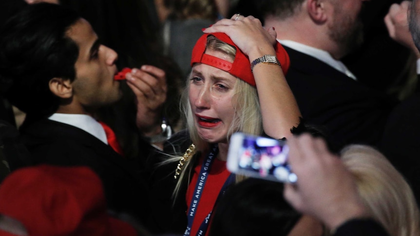 A Trump supporter becomes emotional over the Republican's success.