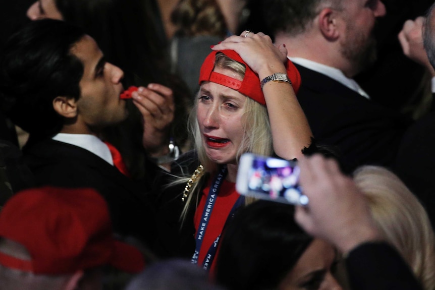 A Trump supporter becomes emotional over the Republican's success.