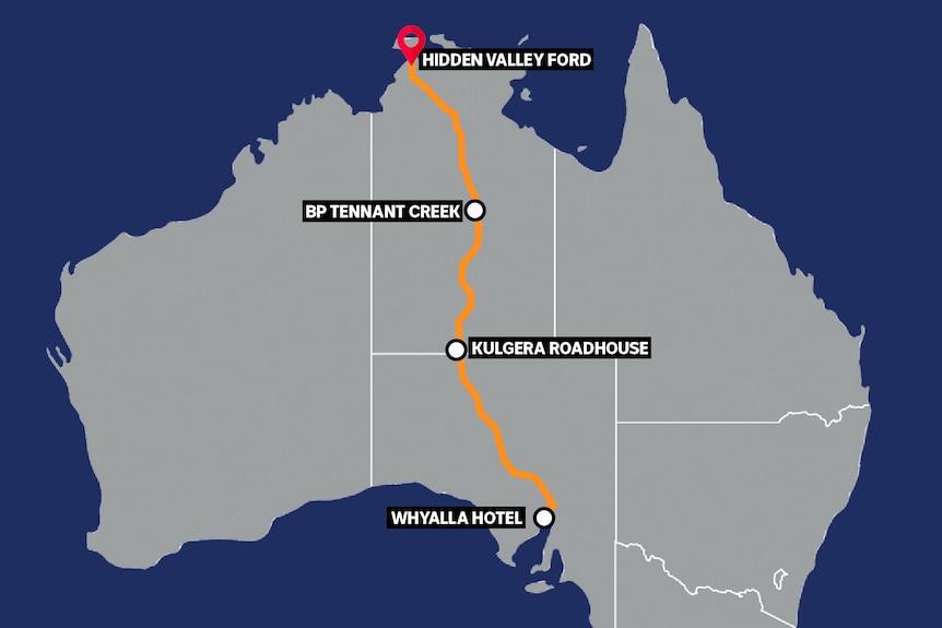 A map of Australia with a path running from Whyalla hotel to Darwin.