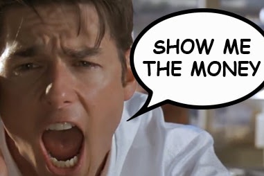 Movie still of Tom Cruise yelling into a phone with a speech bubble: "Show me the money!"