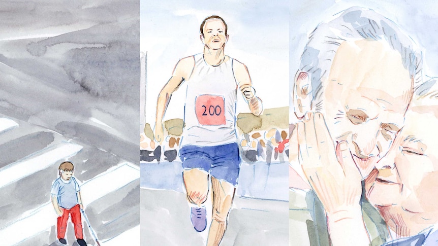 A composite image of three illustrations from Lucy Fahey: a blind boy walking across a road, a marathon runner and couple.