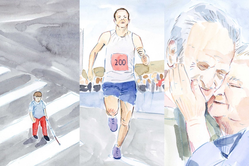 A composite image of three illustrations from Lucy Fahey: a blind boy walking across a road, a marathon runner and couple.