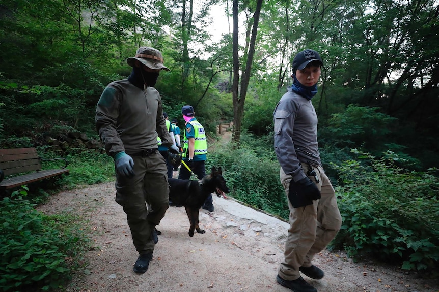 Police with masks and a dog on a mountain trail.