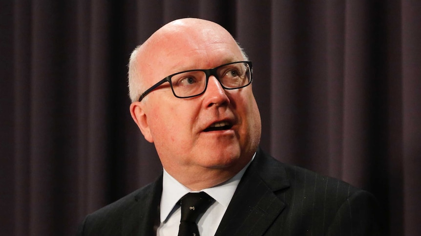 George Brandis looks up as he speaks.