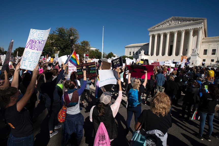 A Women's march protest in front of the US Supreme Court in Washington