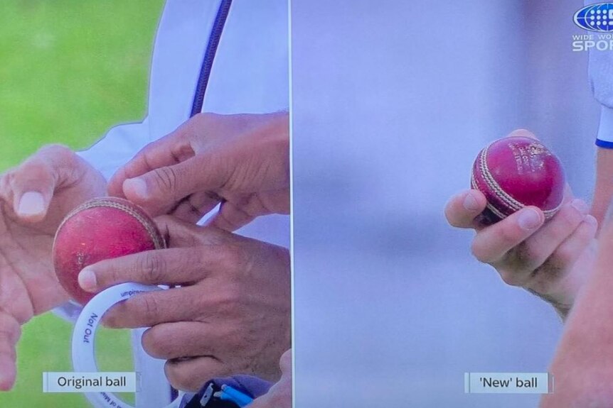 A photo of the original ball that looks old and the replacement ball that looks new