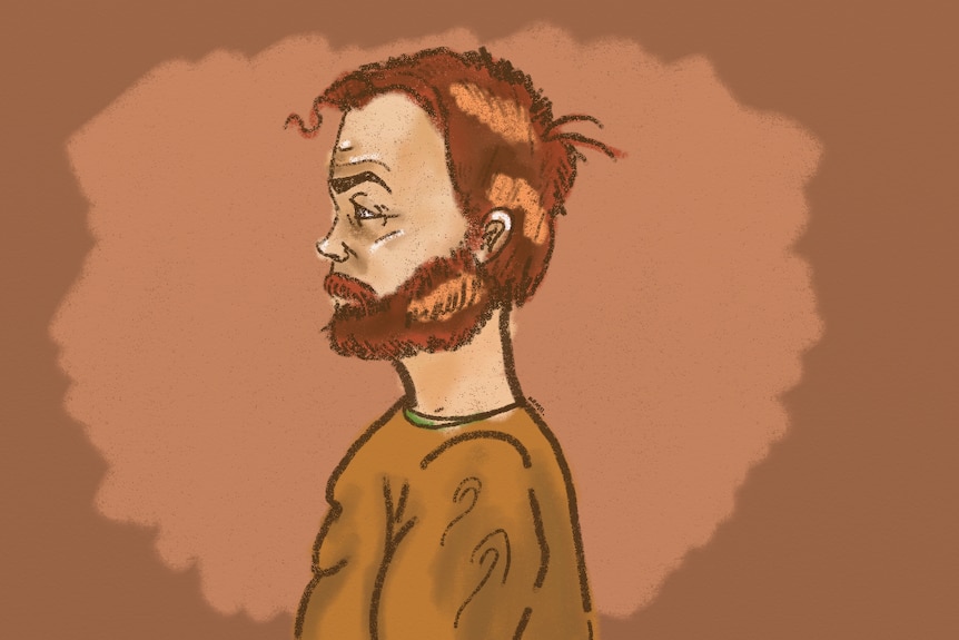 Court sketch of a dark haired bearded man in his thirties wearing a sweater.