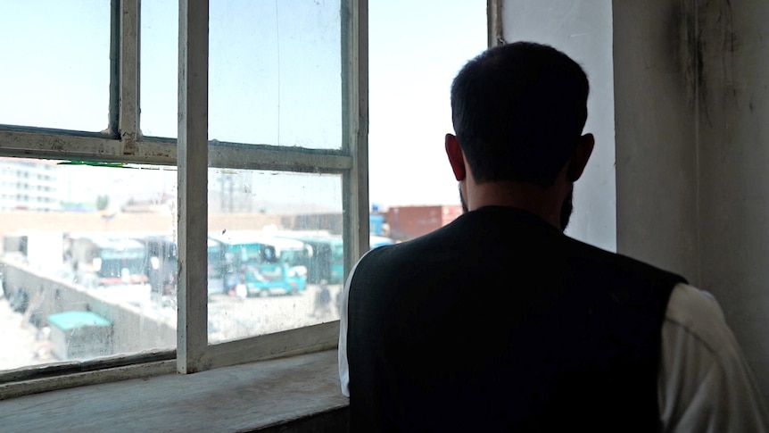 The back of a man's head as he looks out a window. The day outside is bright. There appear to be buses in the car park next door