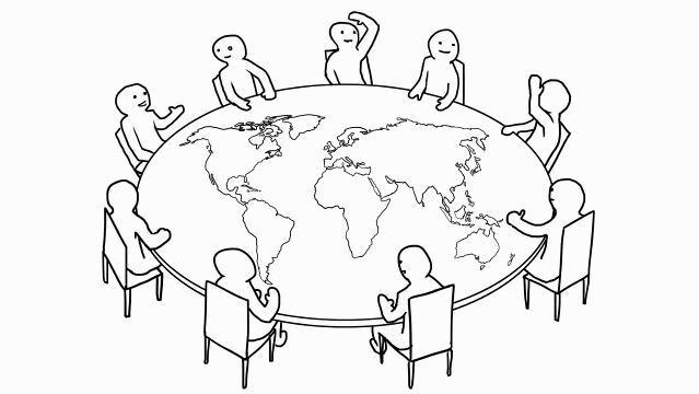 Graphic image of people sitting around a round table in the shape of planet Earth