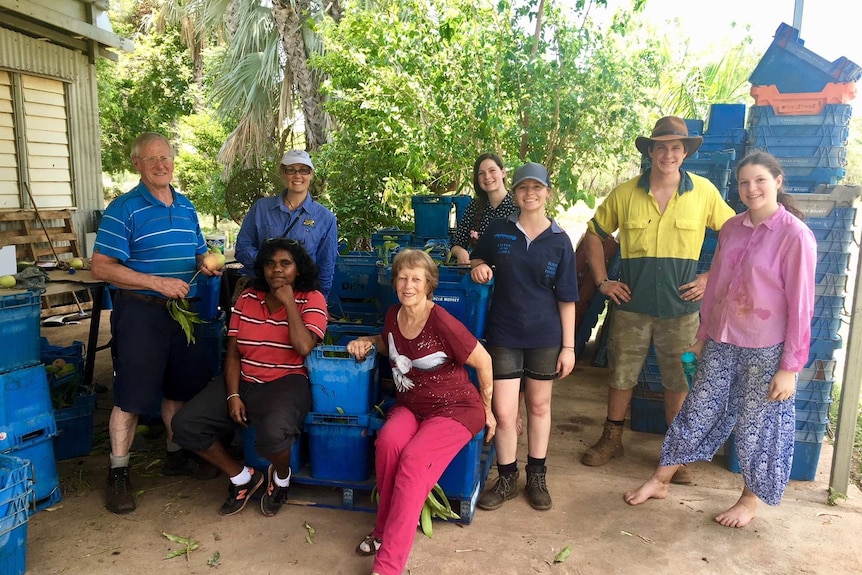 A group of volunteers posing in front of mango crates.