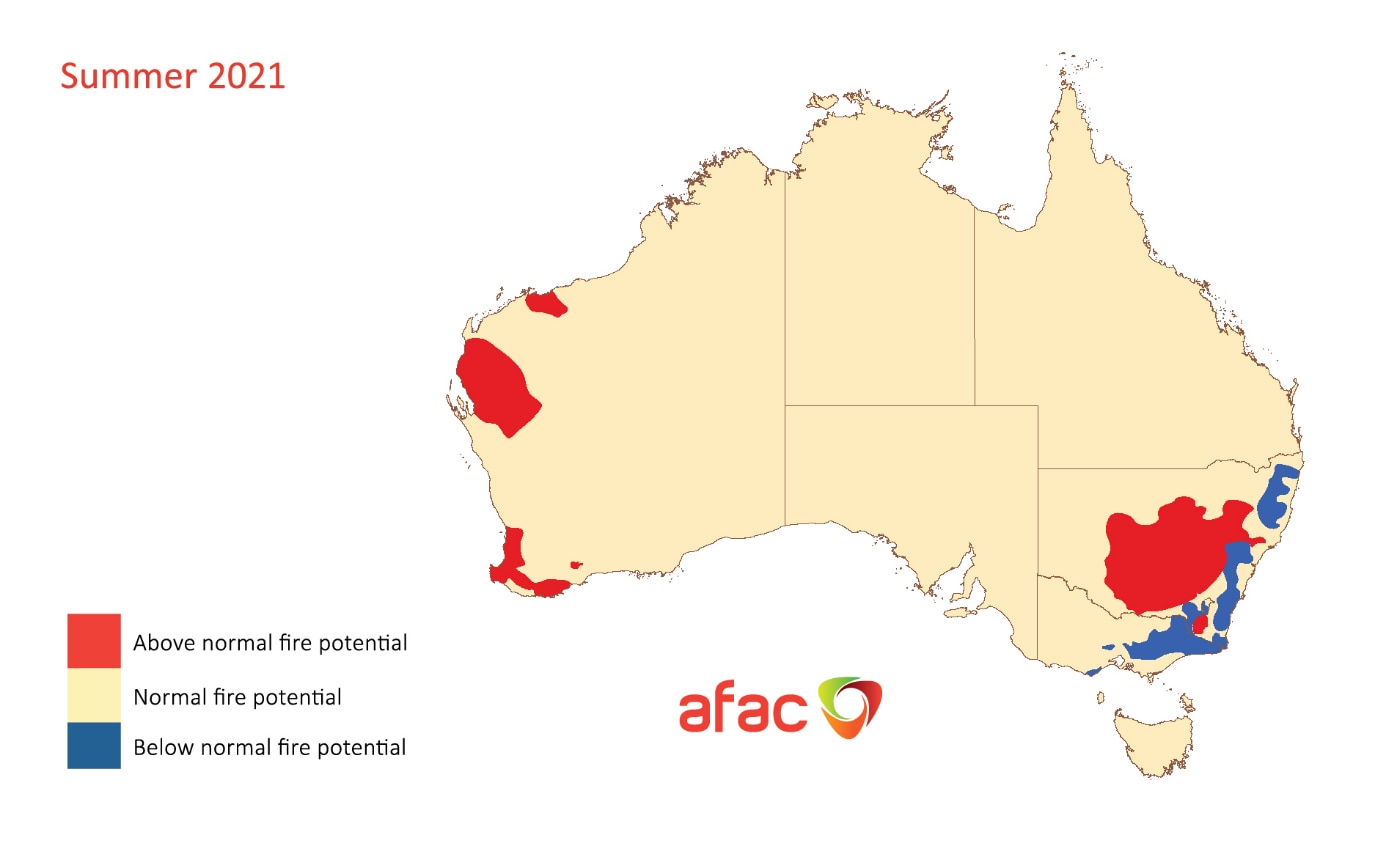 Red areas indicate above normal fire risk in parts of WA and NSW