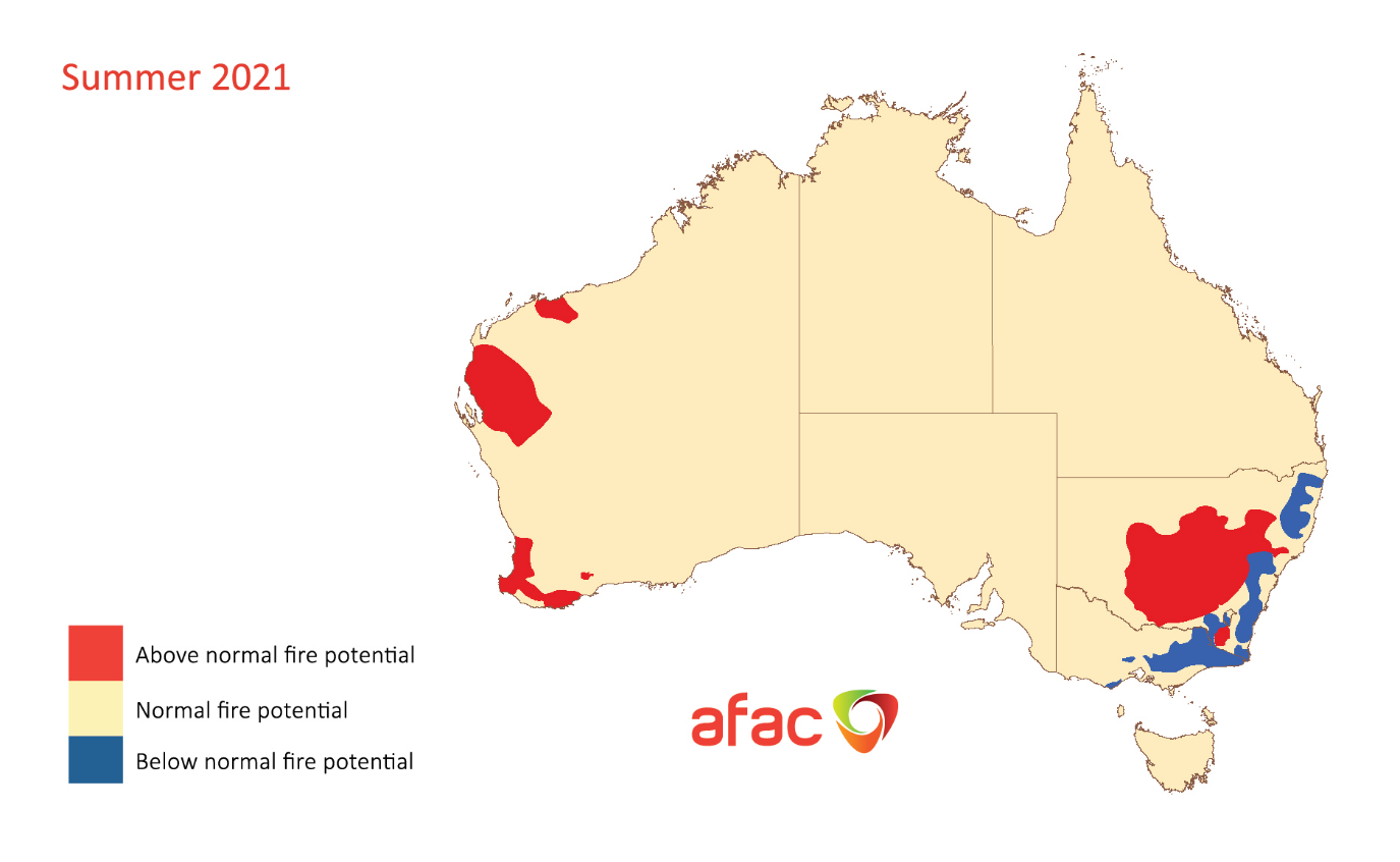 Red areas indicate above normal fire risk in parts of WA and NSW