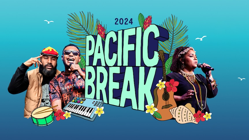  The 2024 Pacific Break event poster features three musicians, tropical elements, and instruments on a blue background.