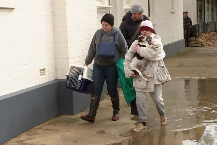 A woman walks down a flooded foothpath cuddling a dog with a worker carrying a dog cage.